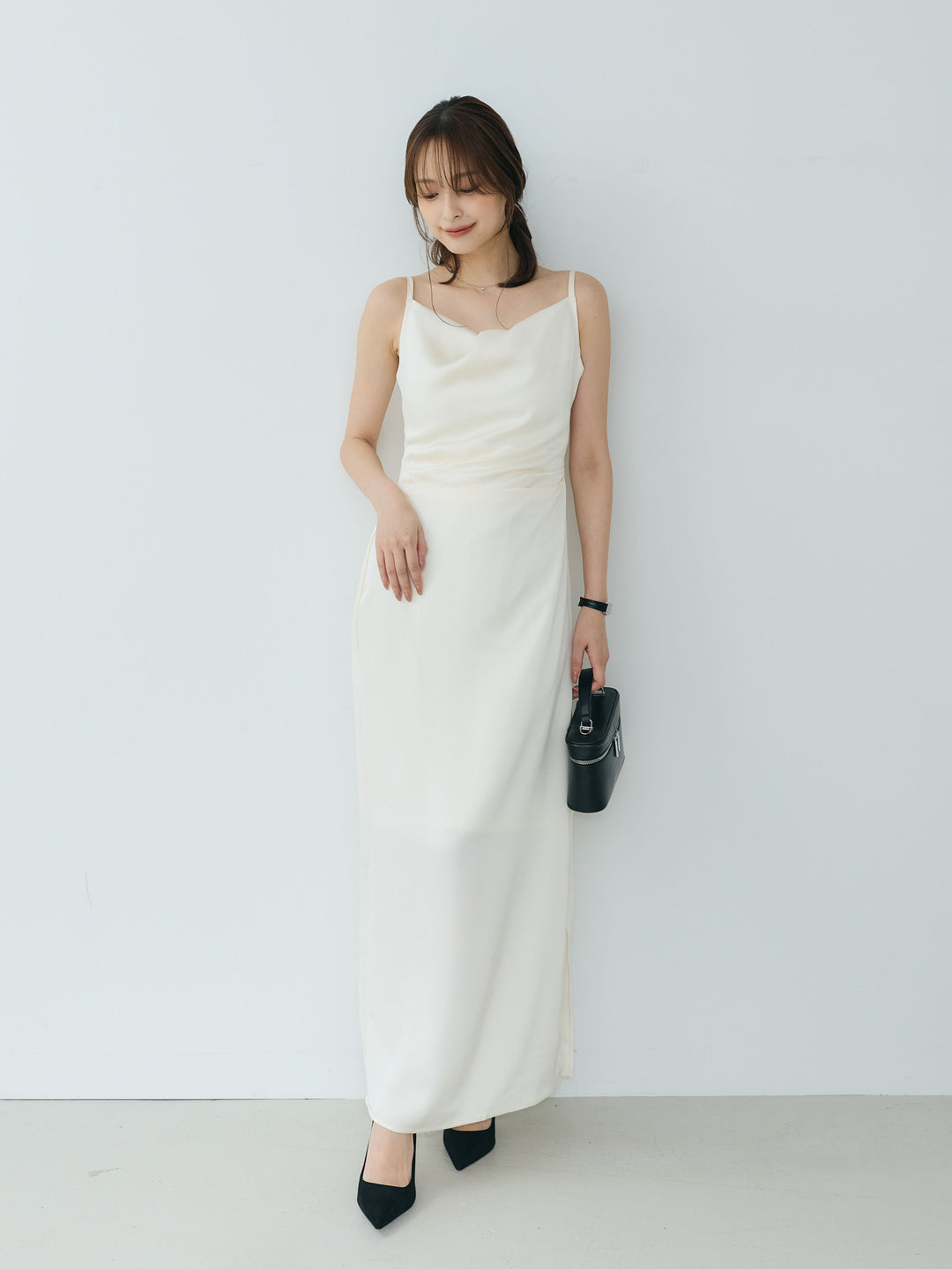 【Essential】Satin drape camisole one piece