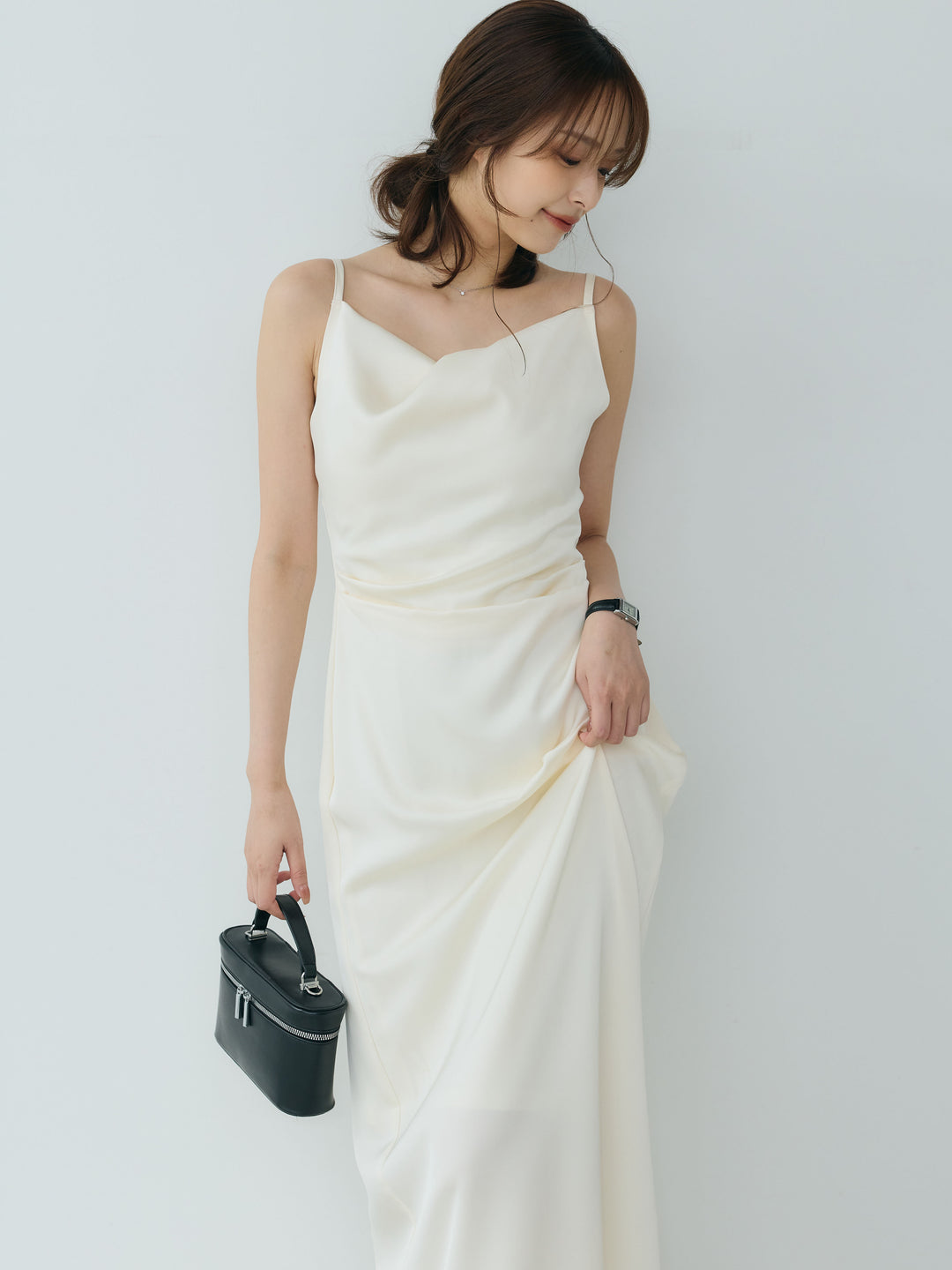 【Essential】Satin drape camisole one piece