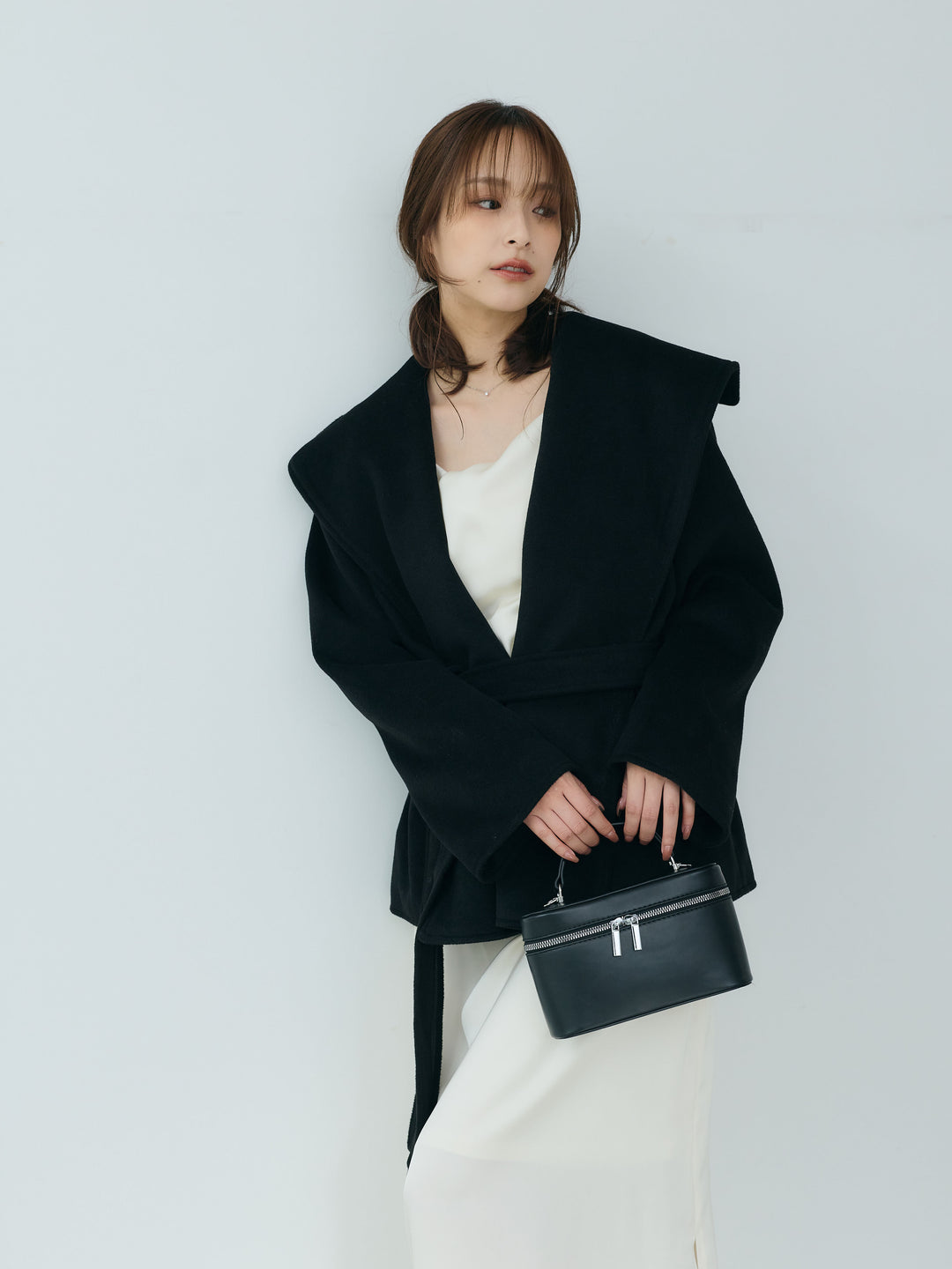 【SET】【Essential】Wool middle coat+【Essential】Satin drape camisole one piece(2set)