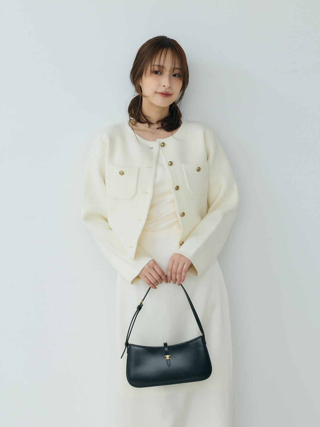 【SET】【Essential】Gold button short knit jacket+【Essential】Satin drape camisole one piece(2set)