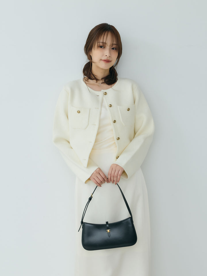 【SET】【Essential】Gold button short knit jacket+【Essential】Satin drape camisole one piece(2set)
