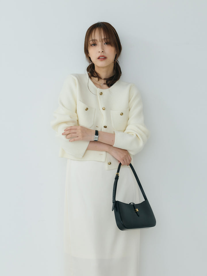 【SET】【Essential】Gold button short knit jacket+【Essential】Satin drape camisole one piece(2set)
