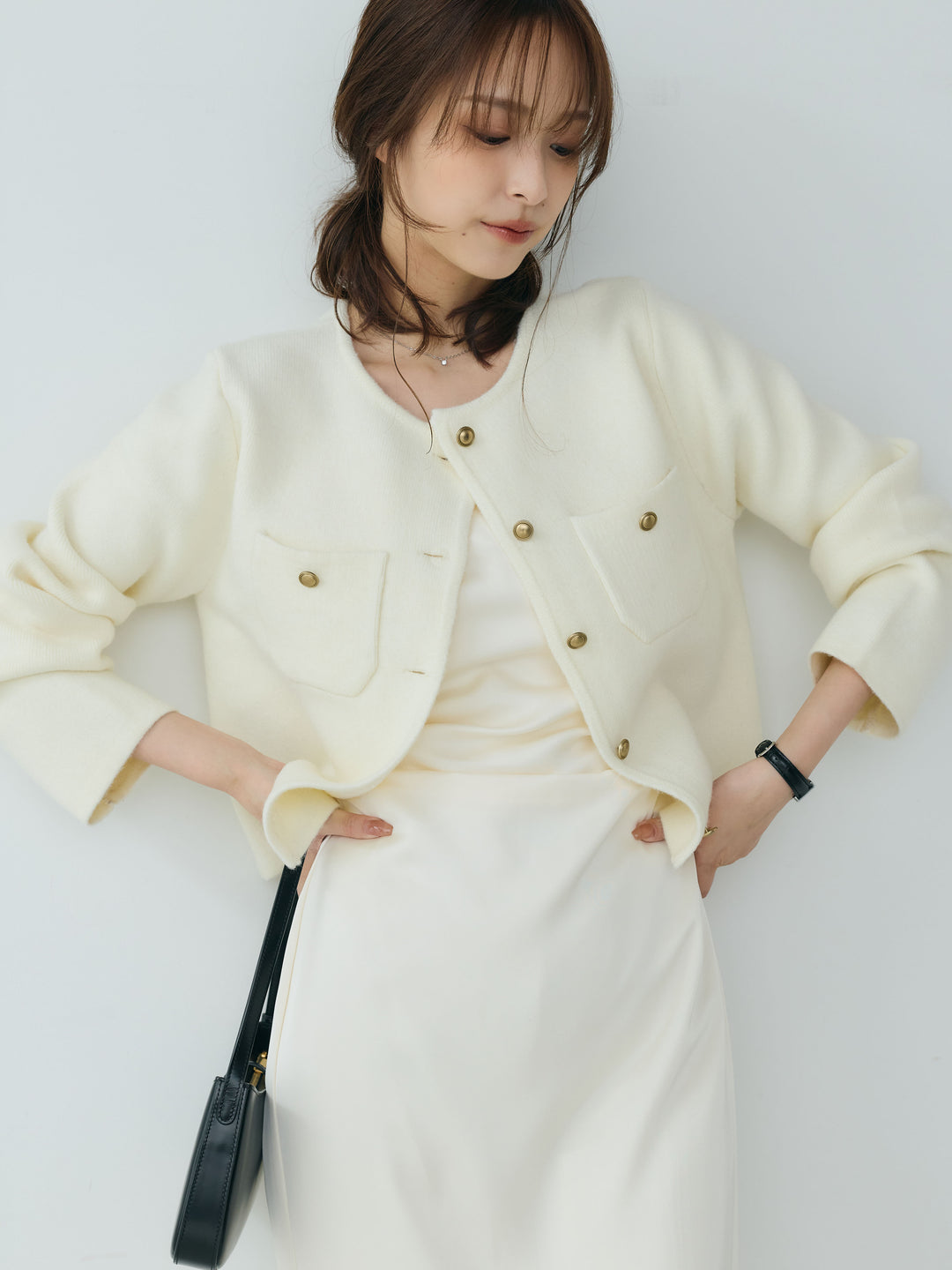 【SET】【Essential】Gold button short knit jacket+【Essential】Satin drape camisole one piece(2set)