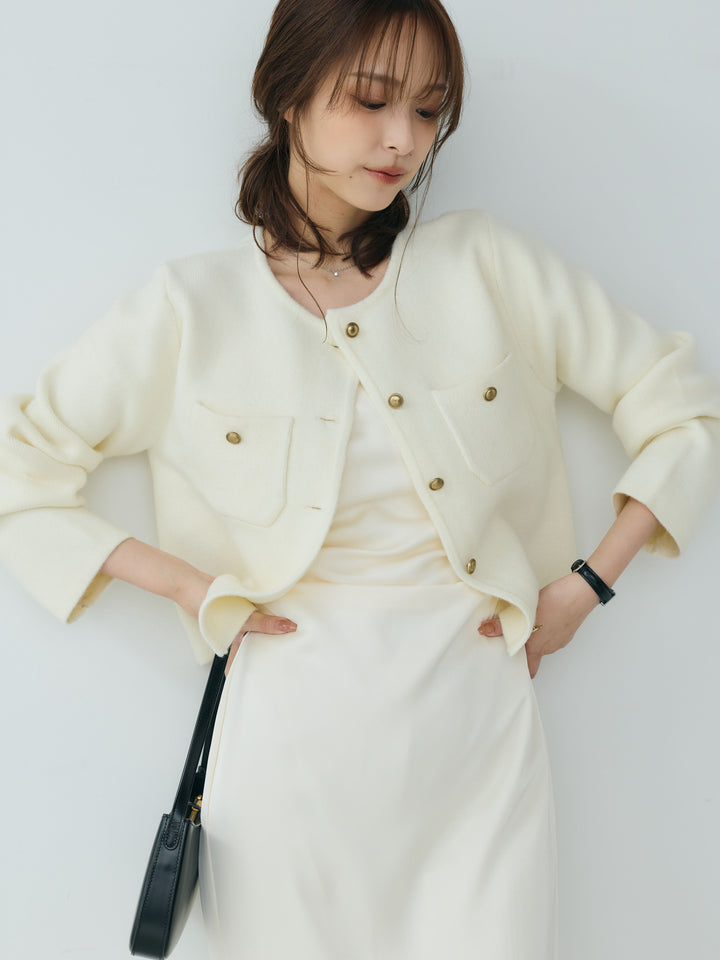 【SET】【Essential】Gold button short knit jacket+【Essential】Satin drape camisole one piece(2set)