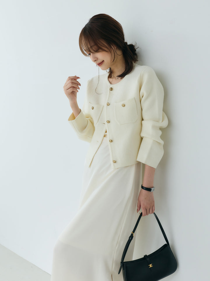 【SET】【Essential】Gold button short knit jacket+【Essential】Satin drape camisole one piece(2set)