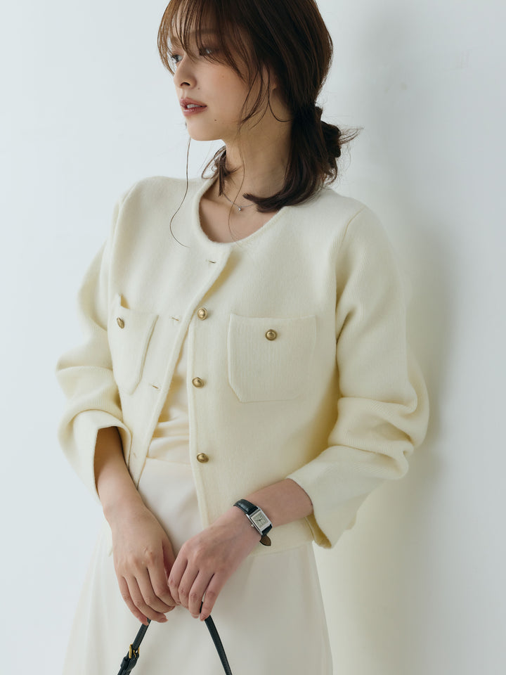 【SET】【Essential】Gold button short knit jacket+【Essential】Satin drape camisole one piece(2set)