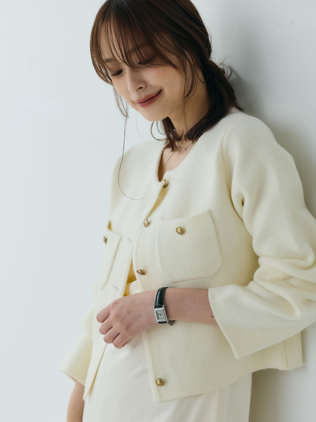 【SET】【Essential】Gold button short knit jacket+【Essential】Satin drape camisole one piece(2set)