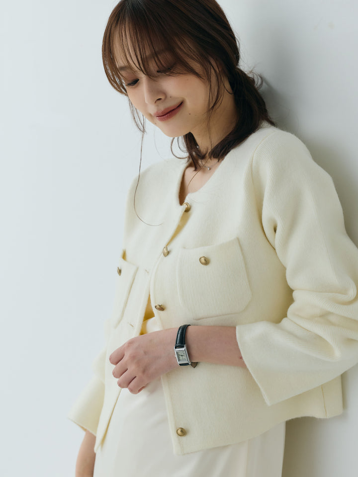 【SET】【Essential】Gold button short knit jacket+【Essential】Satin drape camisole one piece(2set)