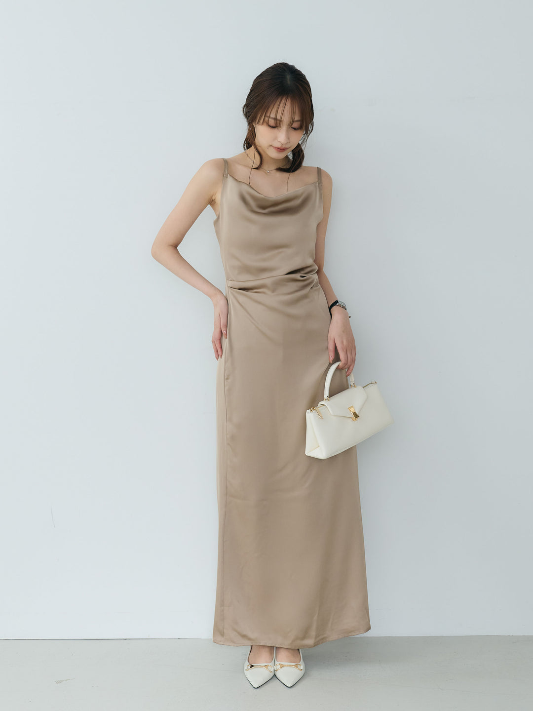 【Essential】Satin drape camisole one piece