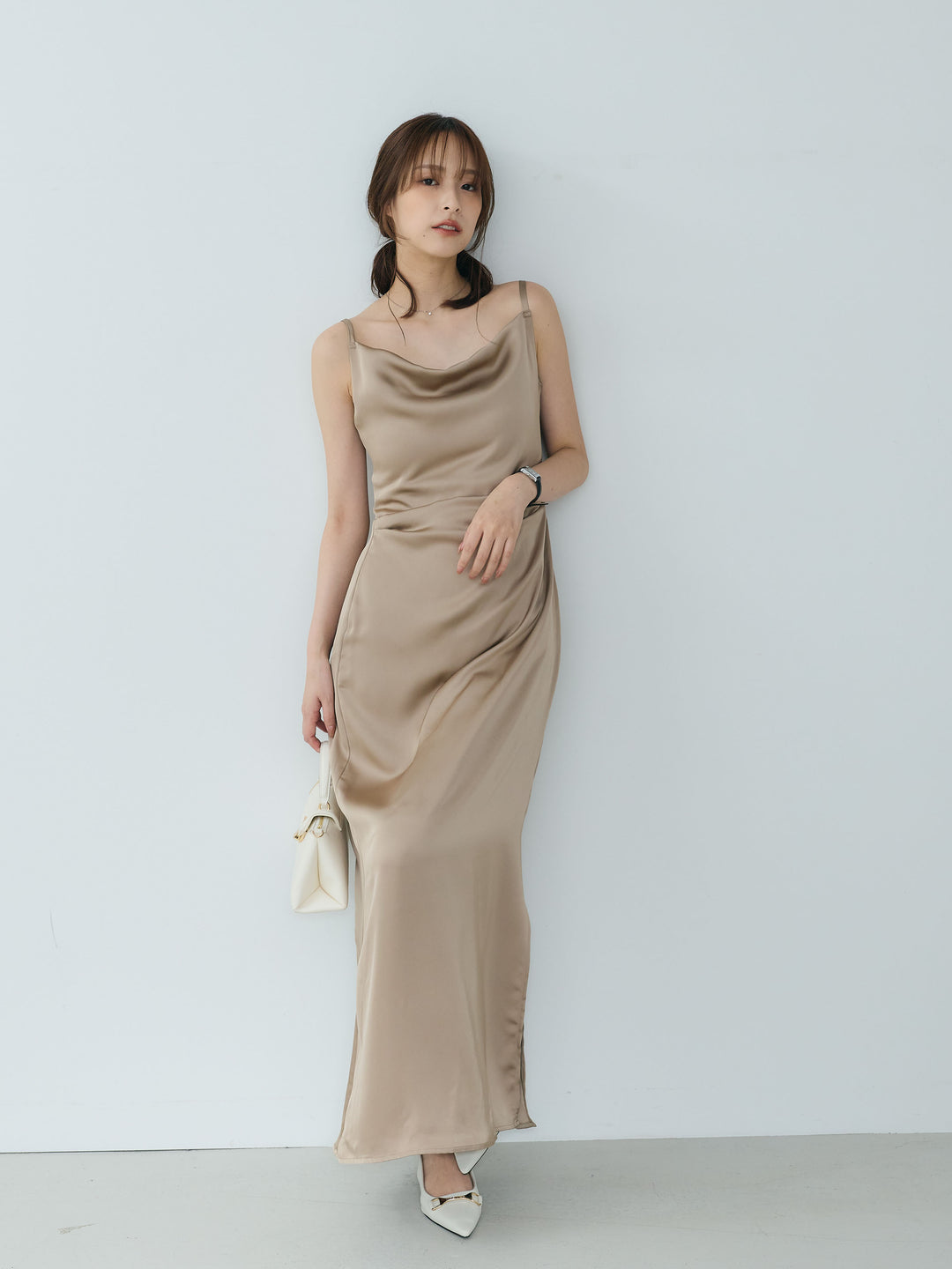 【Essential】Satin drape camisole one piece