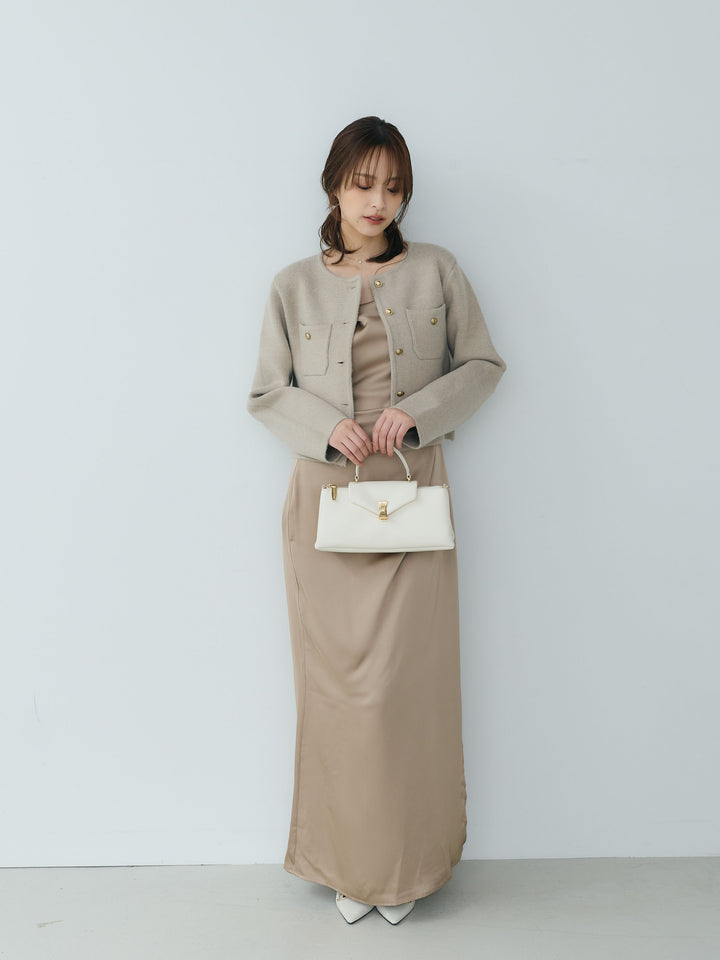 【SET】【Essential】Gold button short knit jacket+【Essential】Satin drape camisole one piece(2set)