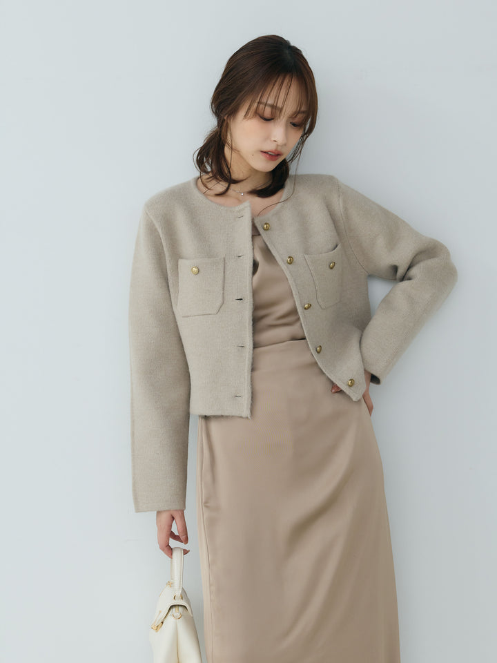 【SET】【Essential】Gold button short knit jacket+【Essential】Satin drape camisole one piece(2set)