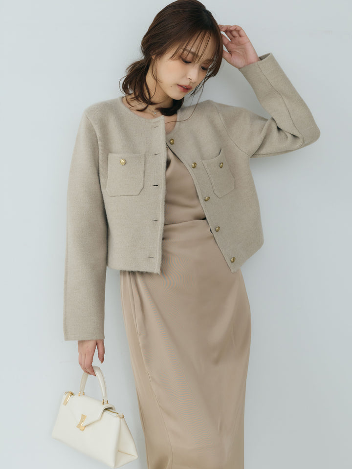 【SET】【Essential】Gold button short knit jacket+【Essential】Satin drape camisole one piece(2set)