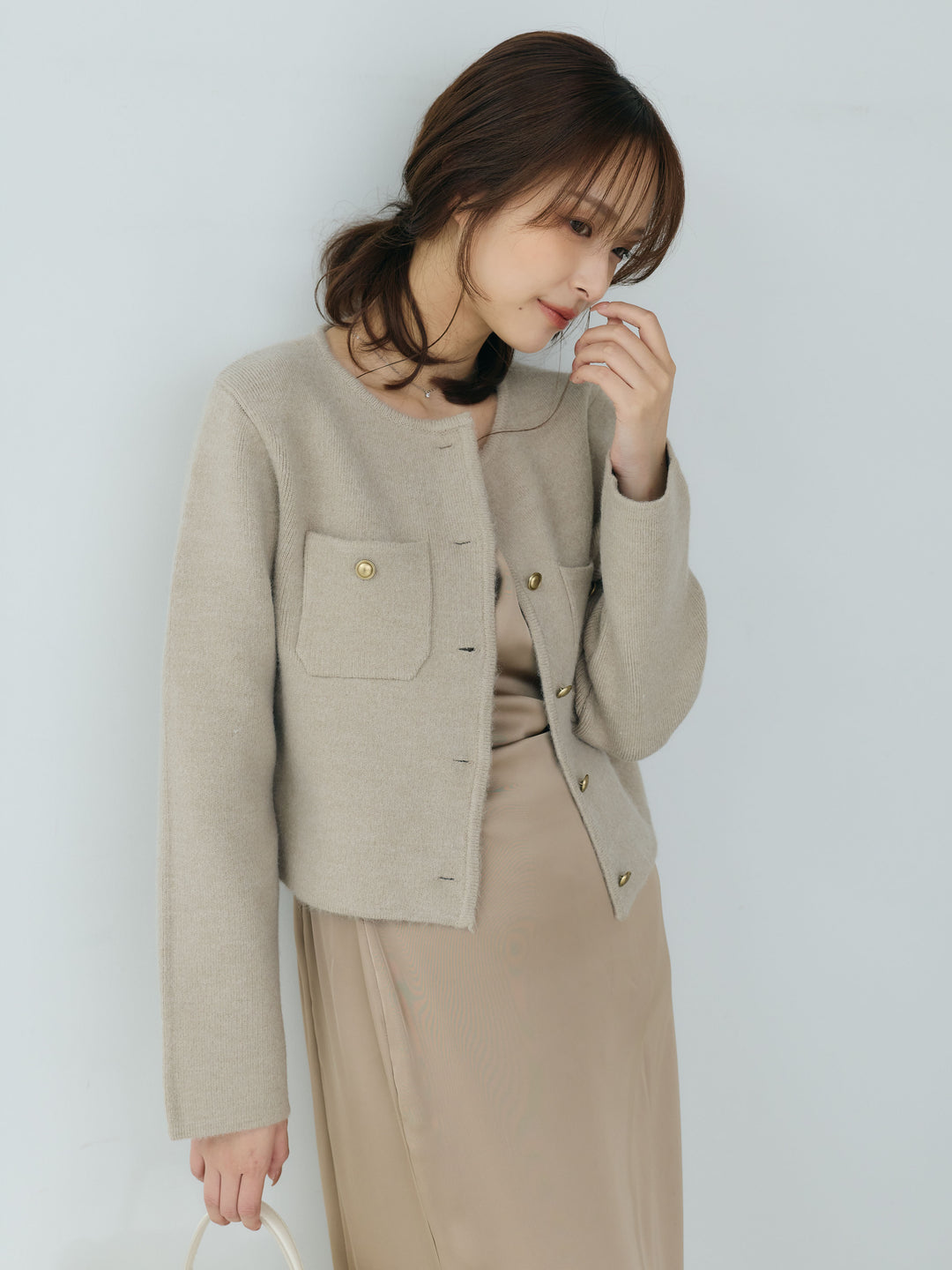 【SET】【Essential】Gold button short knit jacket+【Essential】Satin drape camisole one piece(2set)