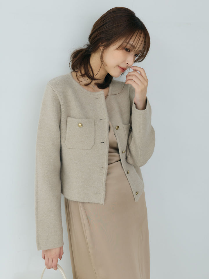 【SET】【Essential】Gold button short knit jacket+【Essential】Satin drape camisole one piece(2set)