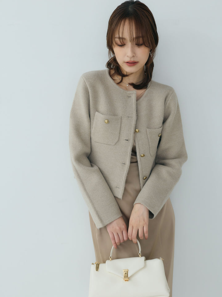 【SET】【Essential】Gold button short knit jacket+【Essential】Satin drape camisole one piece(2set)