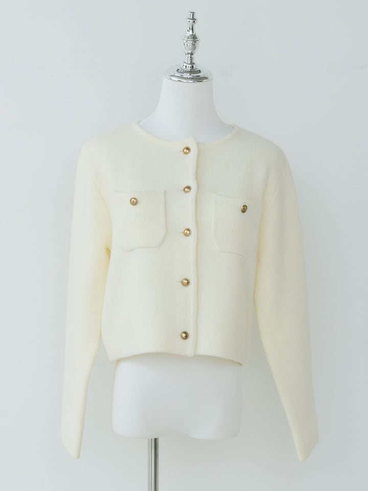 【Essential】Gold button short knit jacket