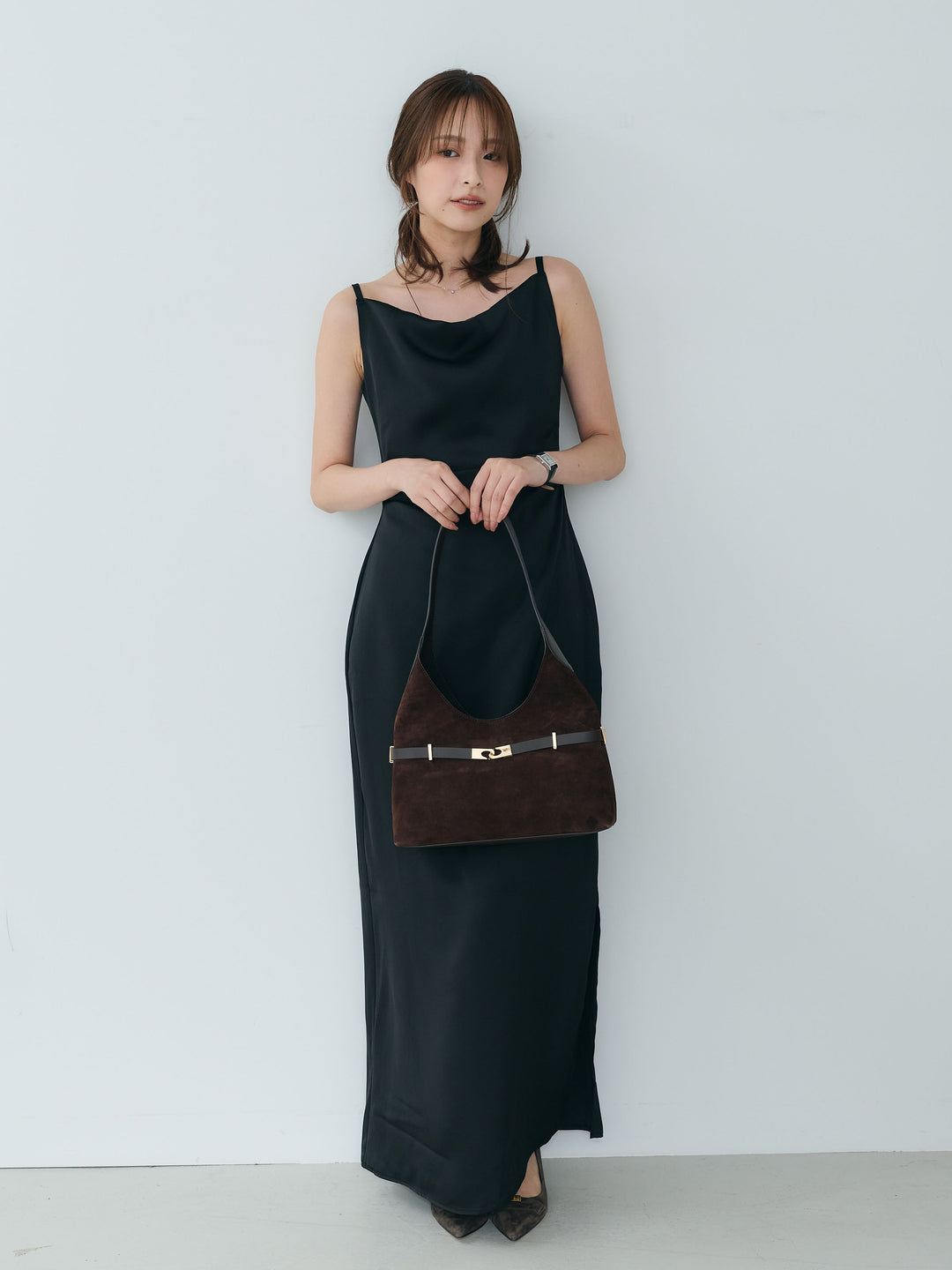 【Essential】Satin drape camisole one piece