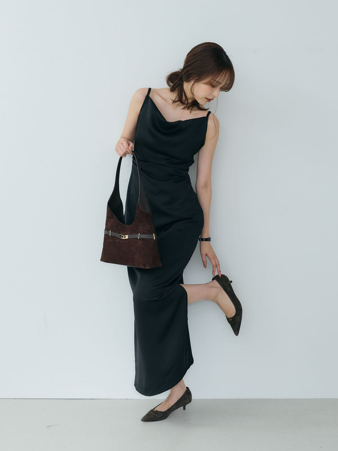 【Essential】Satin drape camisole one piece