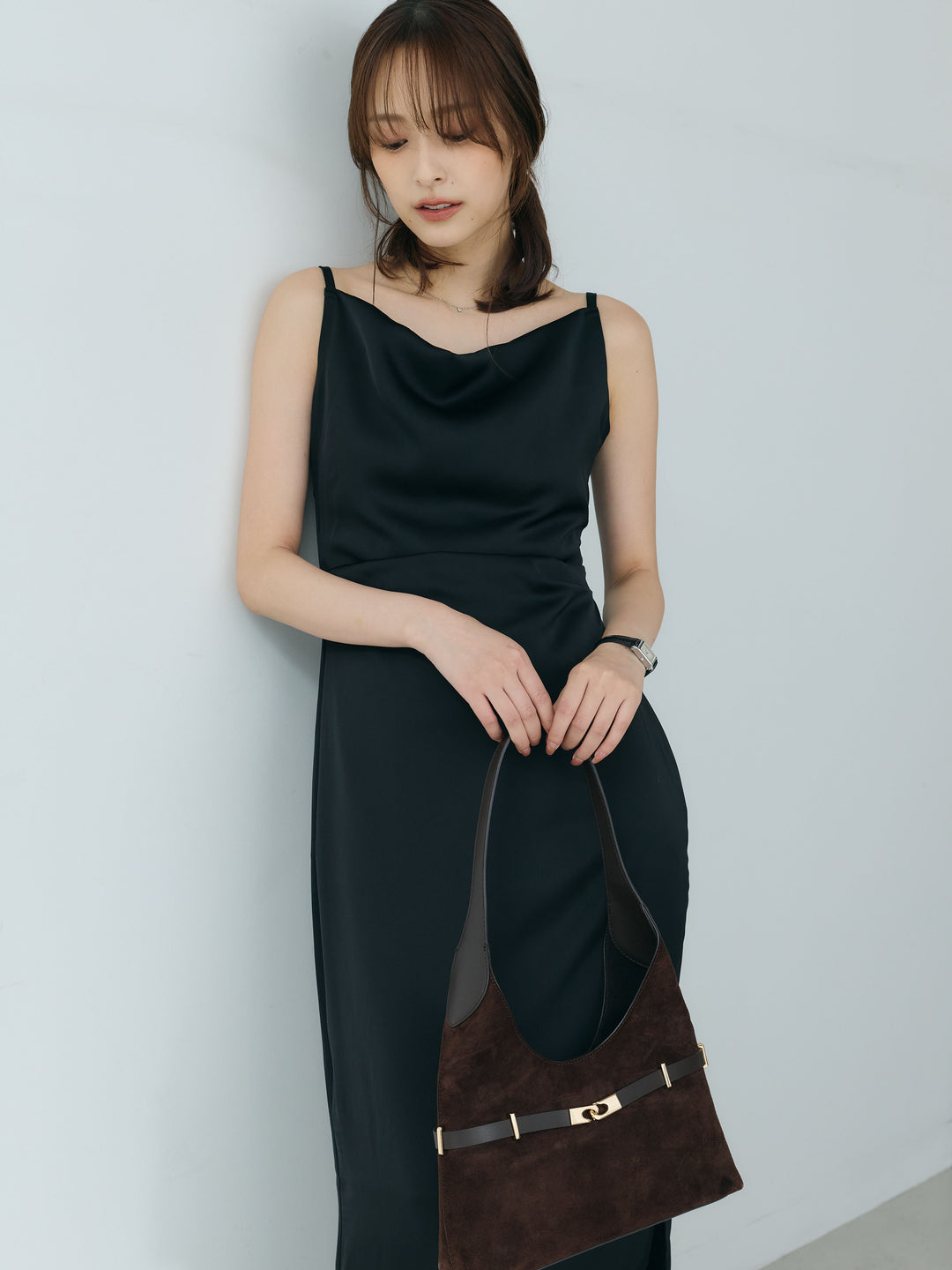 【Essential】Satin drape camisole one piece
