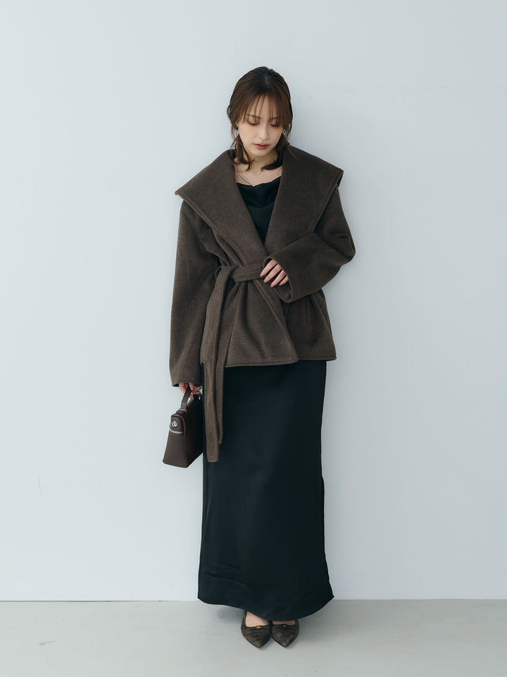 【SET】【Essential】Wool middle coat+【Essential】Satin drape camisole one piece(2set)