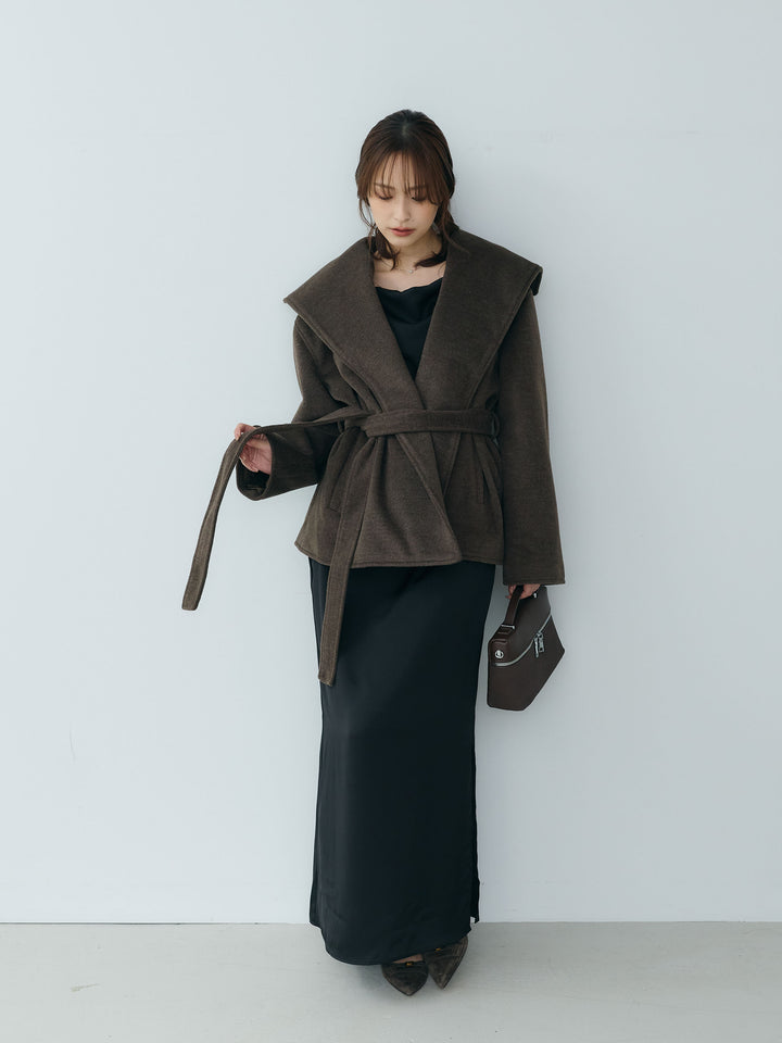 【SET】【Essential】Wool middle coat+【Essential】Satin drape camisole one piece(2set)