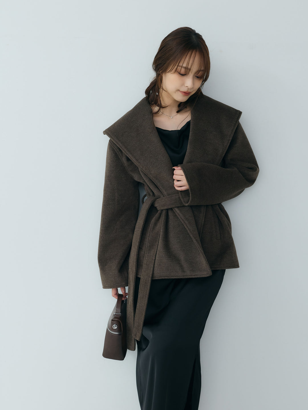 【SET】【Essential】Wool middle coat+【Essential】Satin drape camisole one piece(2set)
