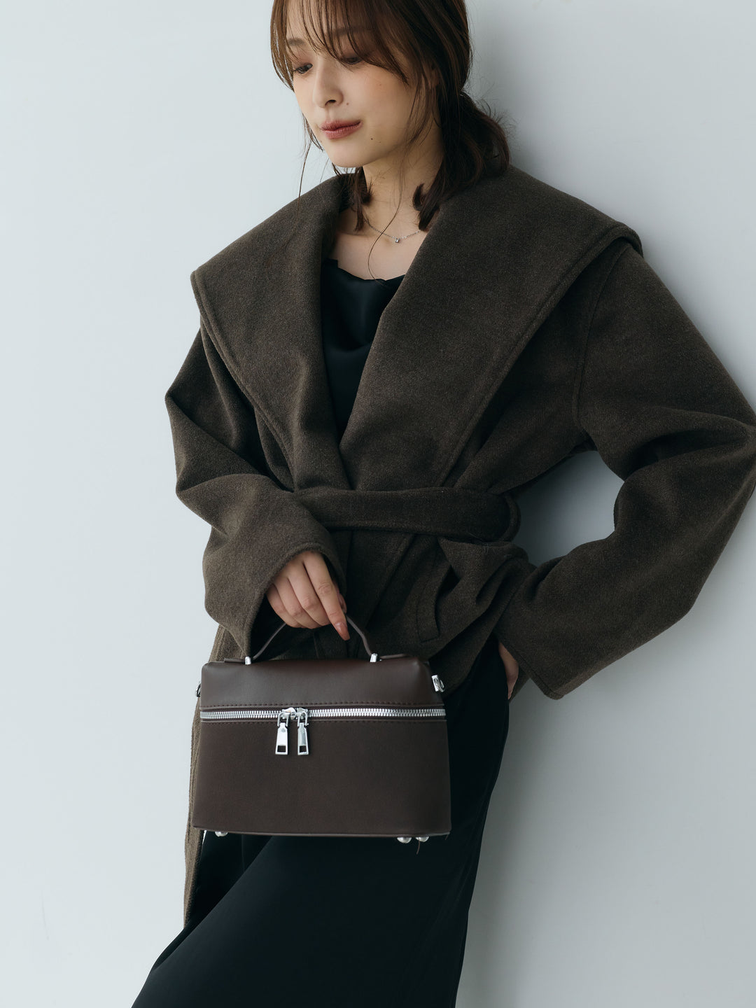【SET】【Essential】Wool middle coat+【Essential】Satin drape camisole one piece(2set)