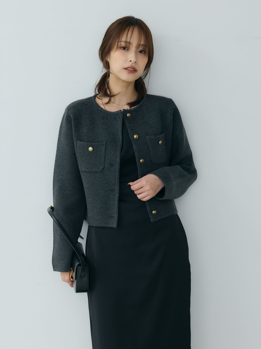 【SET】【Essential】Gold button short knit jacket+【Essential】Satin drape camisole one piece(2set)