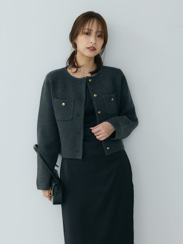 【SET】【Essential】Gold button short knit jacket+【Essential】Satin drape camisole one piece(2set)