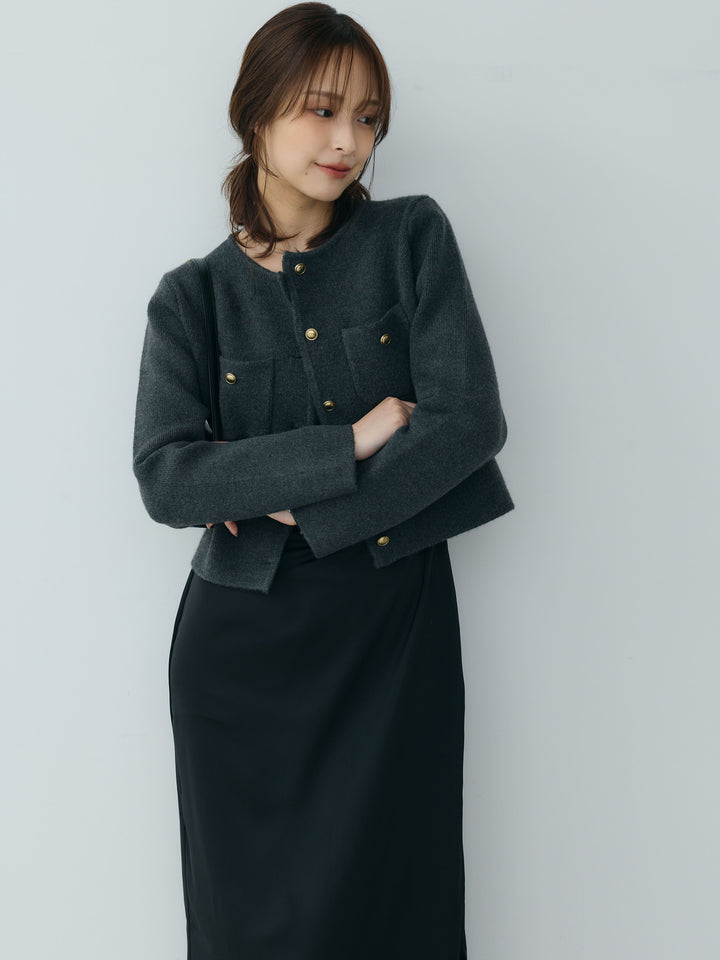 【SET】【Essential】Gold button short knit jacket+【Essential】Satin drape camisole one piece(2set)