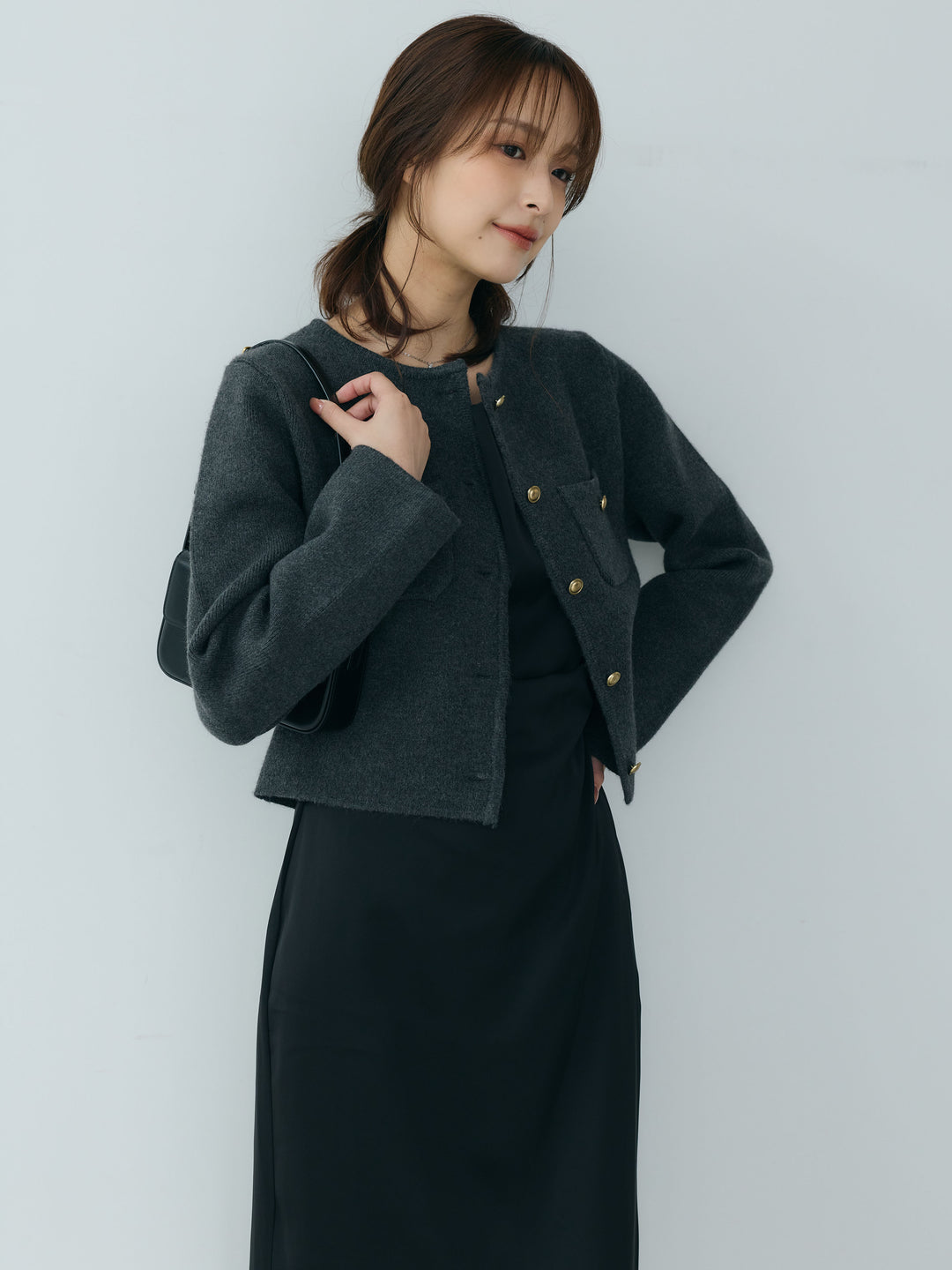 【SET】【Essential】Gold button short knit jacket+【Essential】Satin drape camisole one piece(2set)