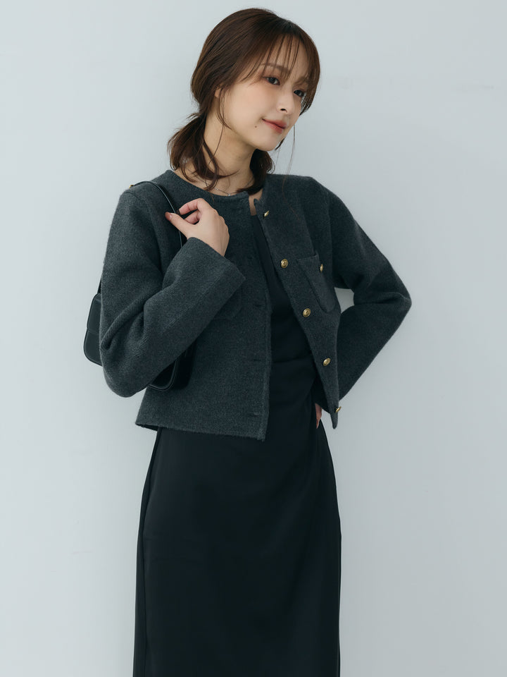 【SET】【Essential】Gold button short knit jacket+【Essential】Satin drape camisole one piece(2set)