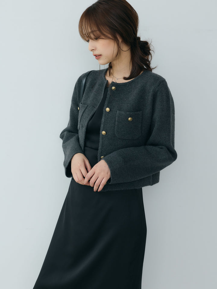 【SET】【Essential】Gold button short knit jacket+【Essential】Satin drape camisole one piece(2set)