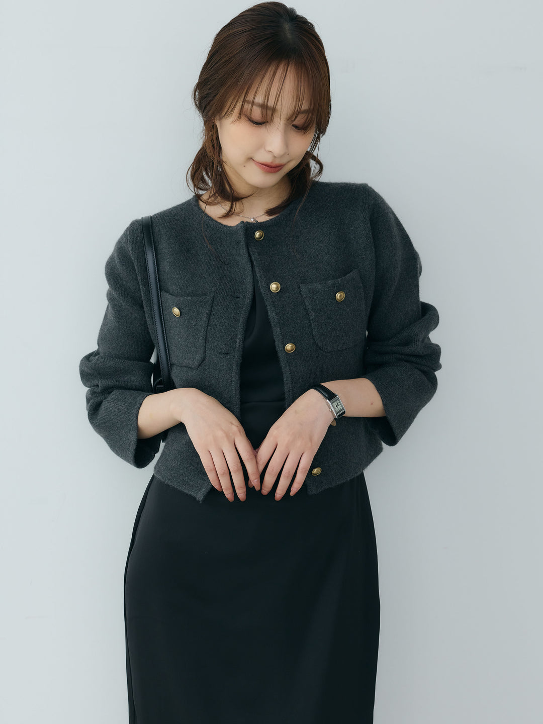 【SET】【Essential】Gold button short knit jacket+【Essential】Satin drape camisole one piece(2set)