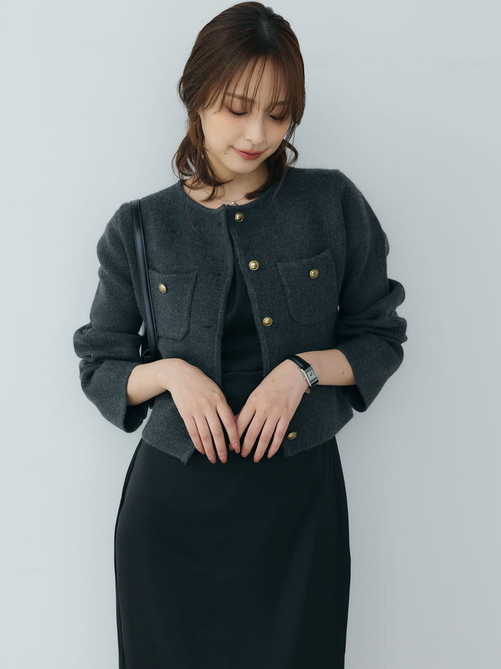 【SET】【Essential】Gold button short knit jacket+【Essential】Satin drape camisole one piece(2set)