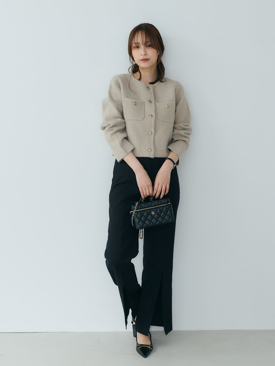 【SET】【Essential】Gold button short knit jacket+【Essential】Front slit semi-flare pants(2set)