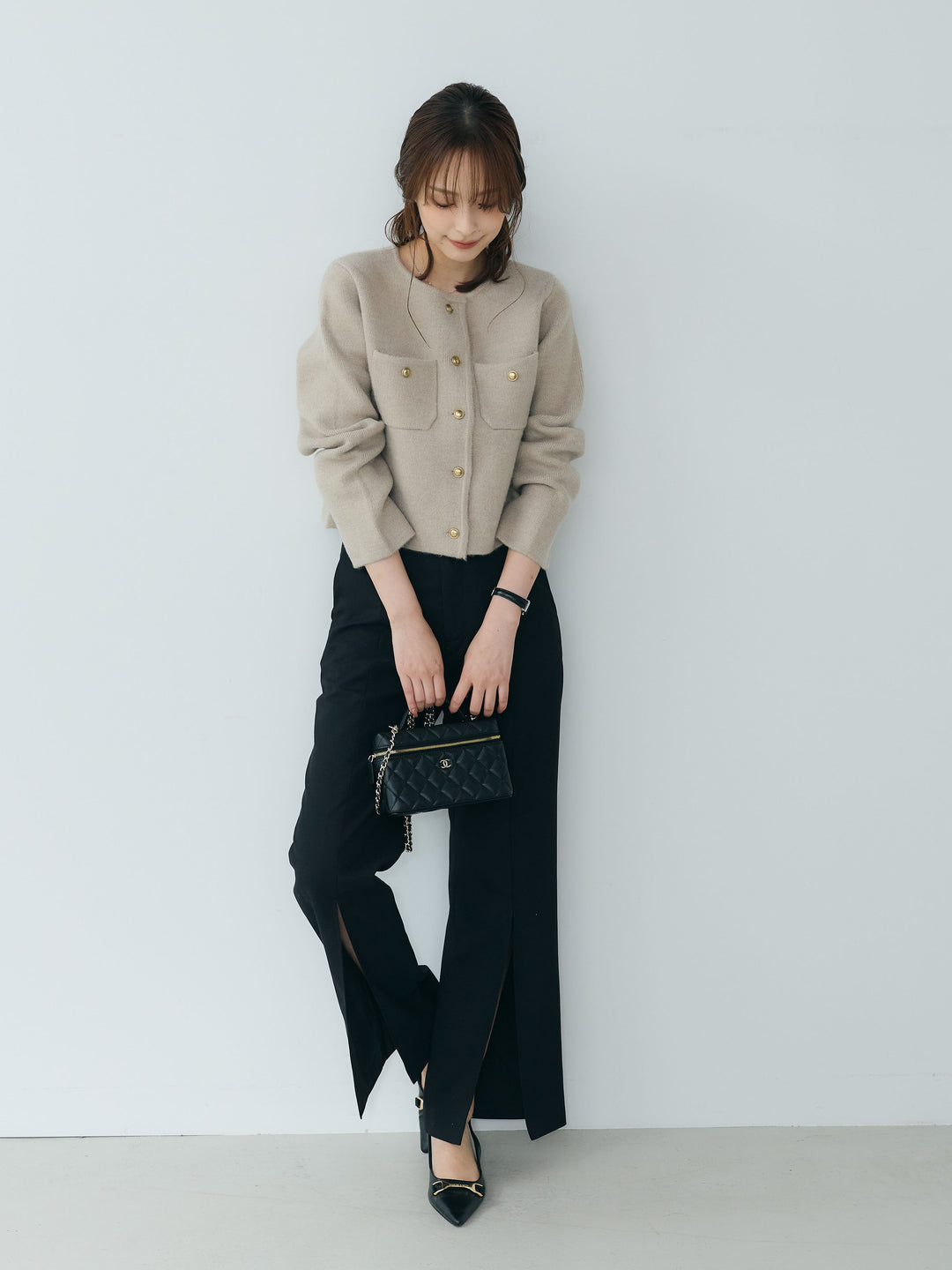 【SET】【Essential】Gold button short knit jacket+【Essential】Front slit semi-flare pants(2set)
