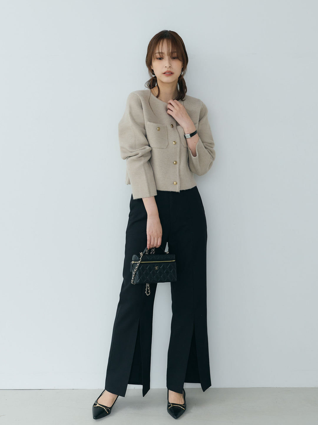 【SET】【Essential】Gold button short knit jacket+【Essential】Front slit semi-flare pants(2set)
