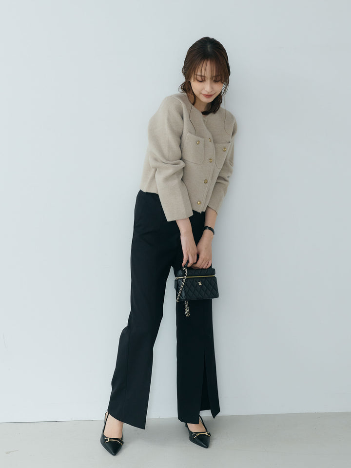 【SET】【Essential】Gold button short knit jacket+【Essential】Front slit semi-flare pants(2set)