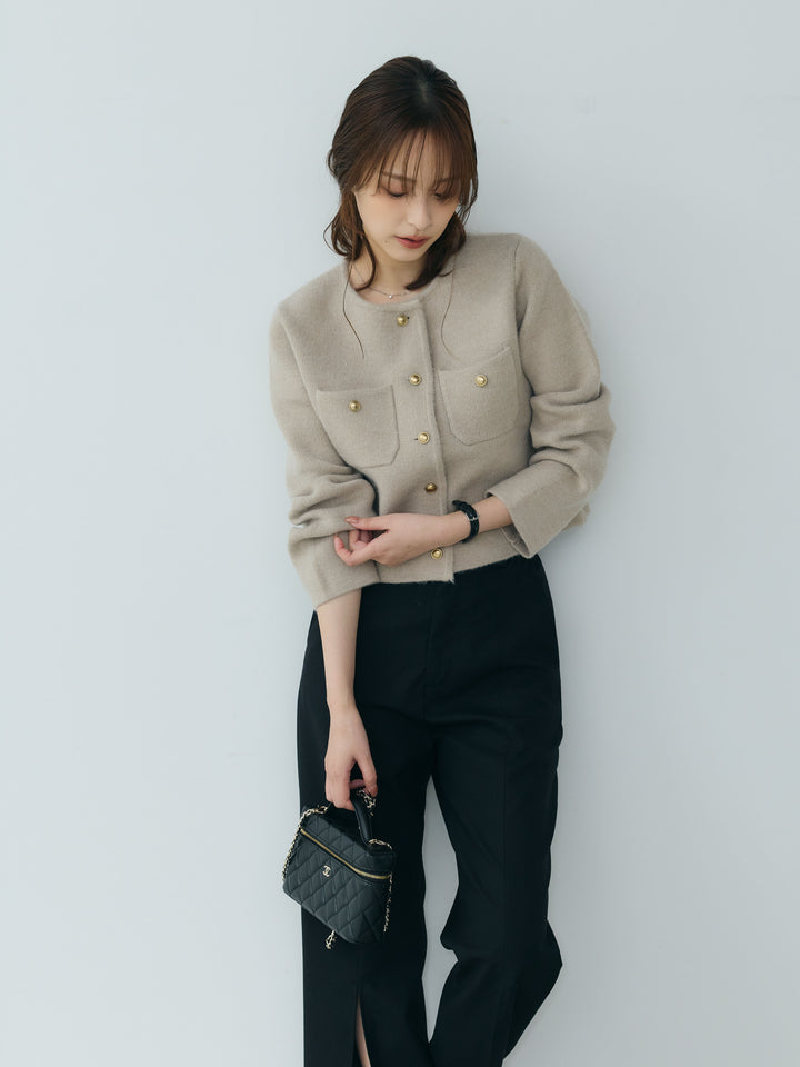 【SET】【Essential】Gold button short knit jacket+【Essential】Front slit semi-flare pants(2set)