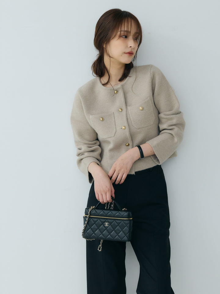 【Essential】Gold button short knit jacket
