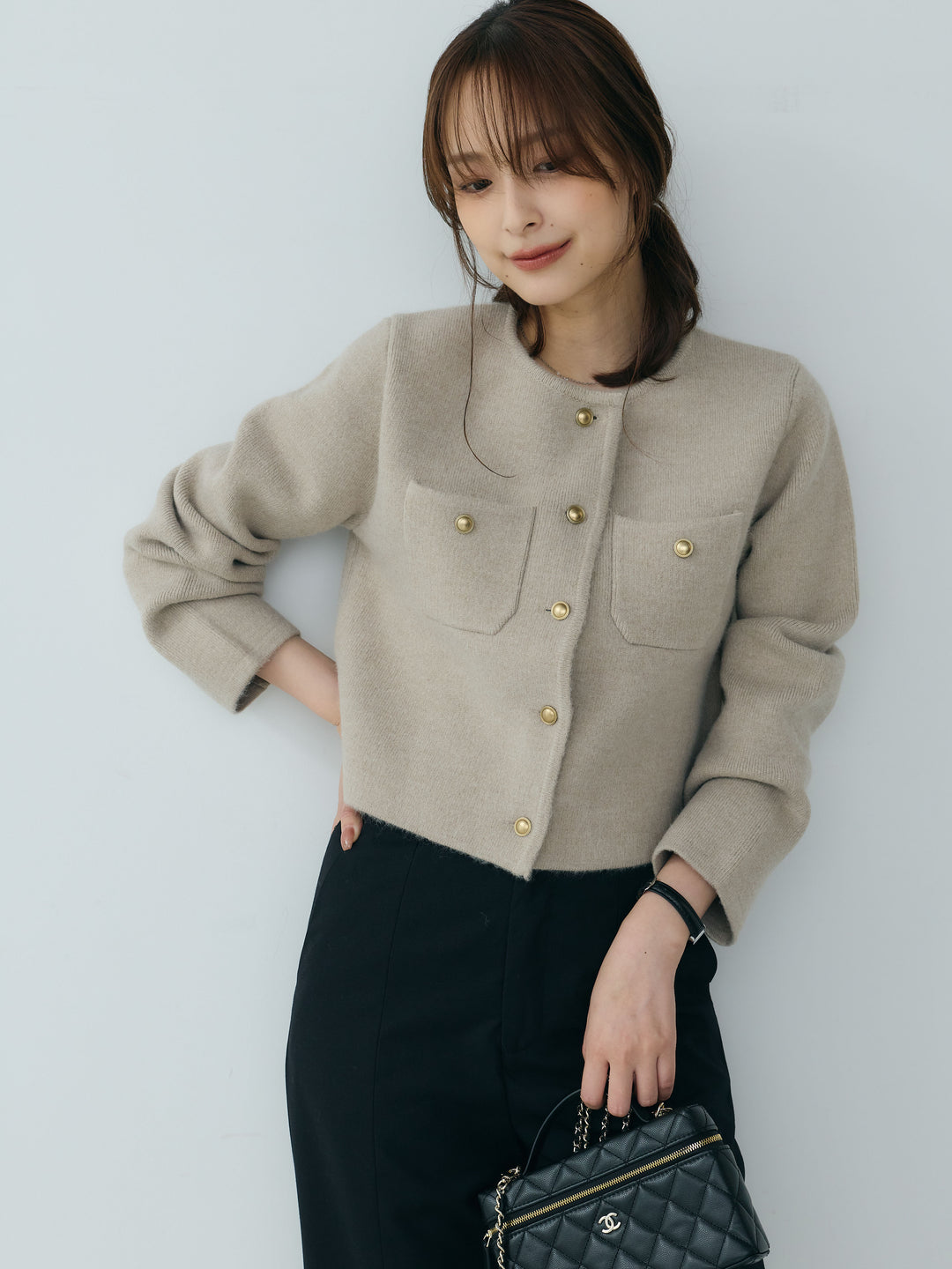 【SET】【Essential】Gold button short knit jacket+【Essential】Front slit semi-flare pants(2set)