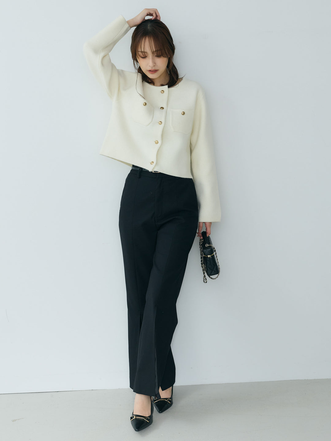【SET】【Essential】Gold button short knit jacket+【Essential】Front slit semi-flare pants(2set)