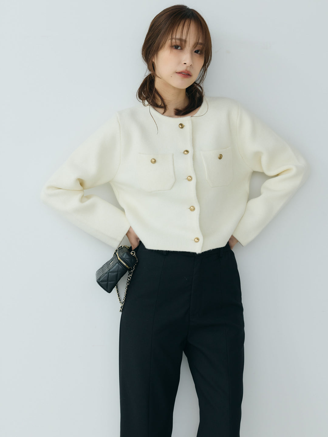 【Essential】Gold button short knit jacket