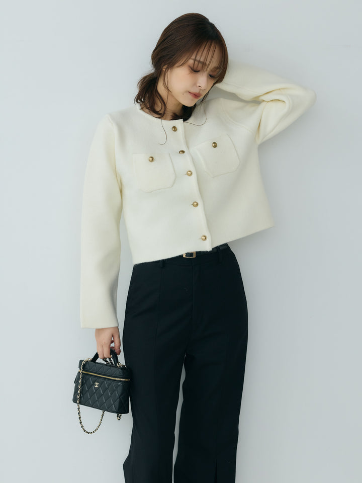 【Essential】Gold button short knit jacket