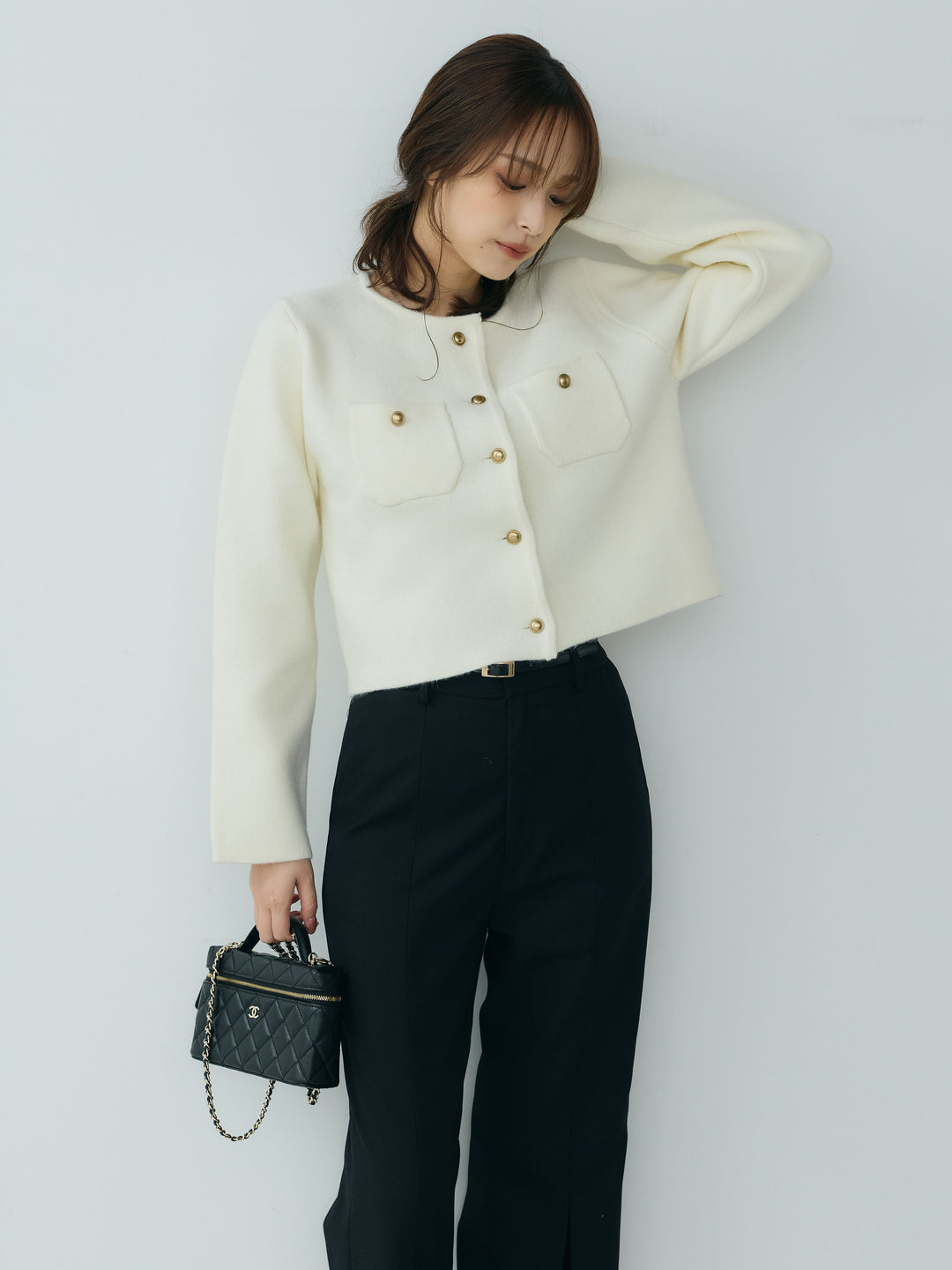 【SET】【Essential】Gold button short knit jacket+【Essential】Front slit semi-flare pants(2set)