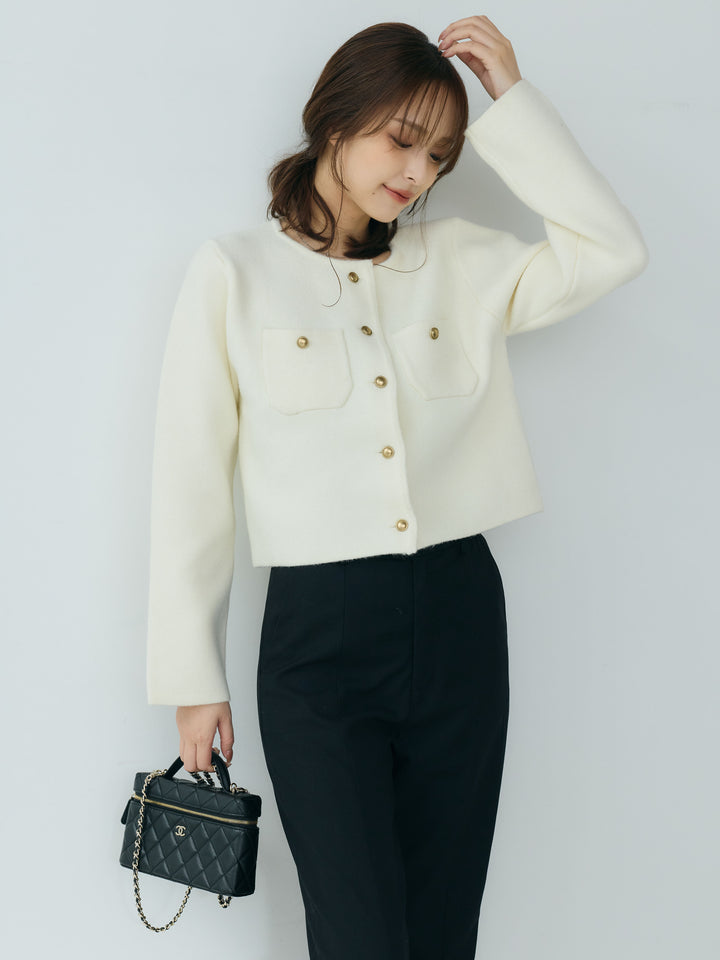 【SET】【Essential】Gold button short knit jacket+【Essential】Front slit semi-flare pants(2set)