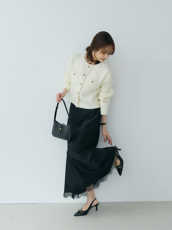 【SET】【Essential】Gold button short knit jacket+裾レースAラインサテンスカート(2set)