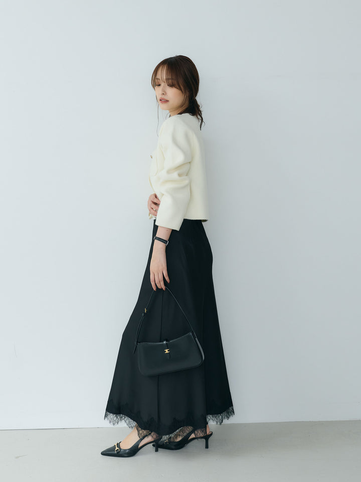 【SET】【Essential】Gold button short knit jacket+裾レースAラインサテンスカート(2set)